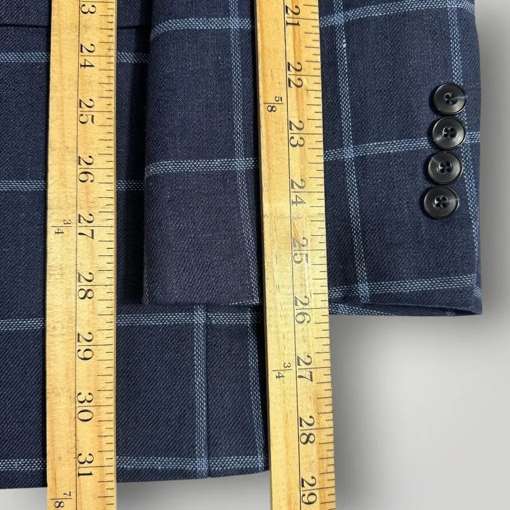 JOS A BANK Men Blazer Sport Coat 46R Navy Windowpane Plaid 2-Button Jacket Linen